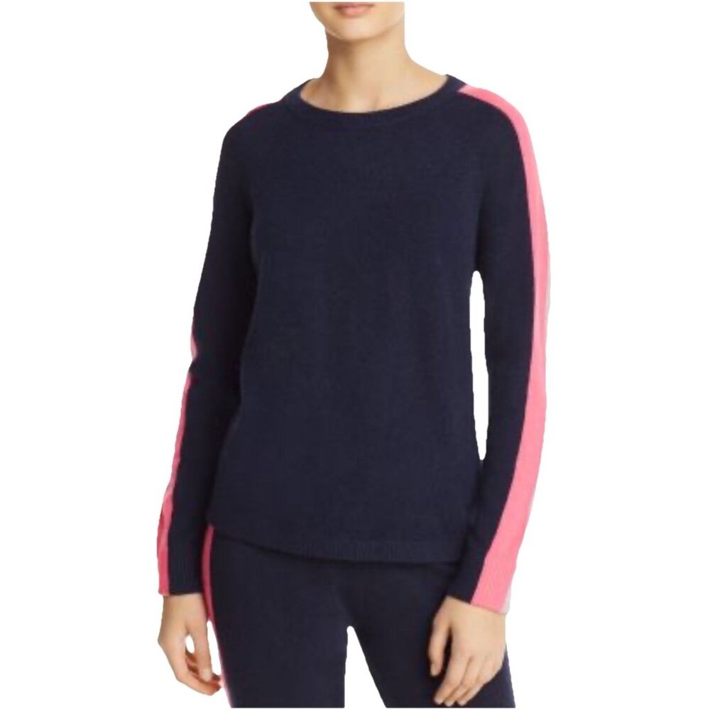 Minnie Rose Women Pullover Cashmere Sweater Navy W Pink Stripe Crew Neck Size XS